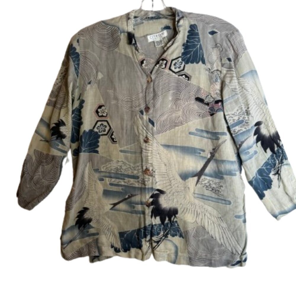 Citron Santa Monica Linen Shirt Womens Water Birds Asian Print #2767-8